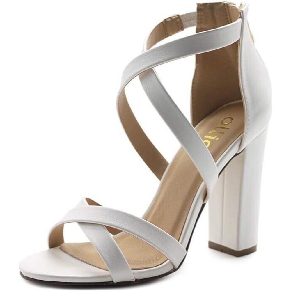 Ollio Women's Shoes Faux Leather Ankle Toe Cross Strap Zip Up High White 5" Heel